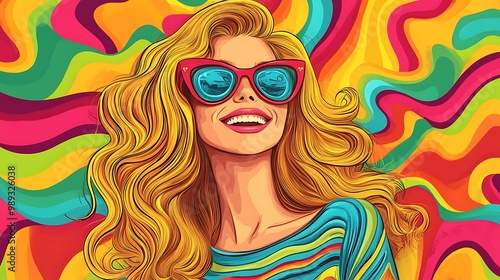 A vibrant illustration of a smiling woman with wavy hair, wearing sunglasses against a colorful, psychedelic background.