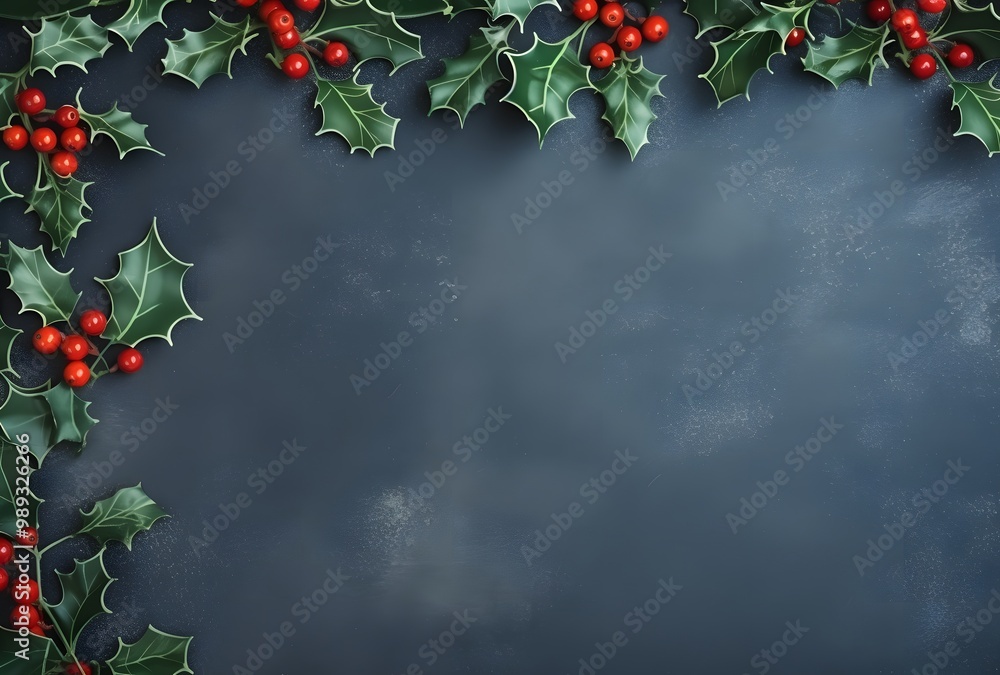 Fototapeta premium Christmas Holly Garland Border on Blue Background