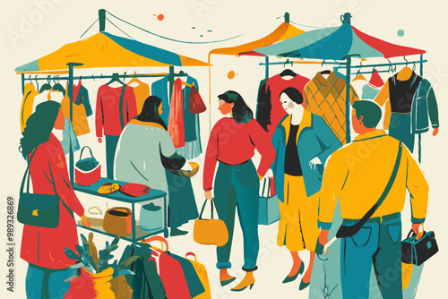 Colorful Outdoor Market Scene with Shoppers and Stalls