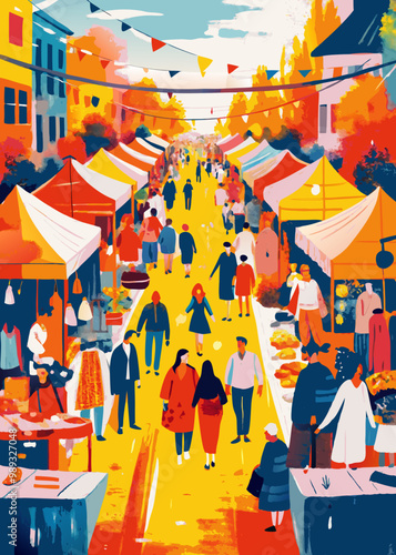Bustling Outdoor Market Scene with Colorful Stalls and Shoppers