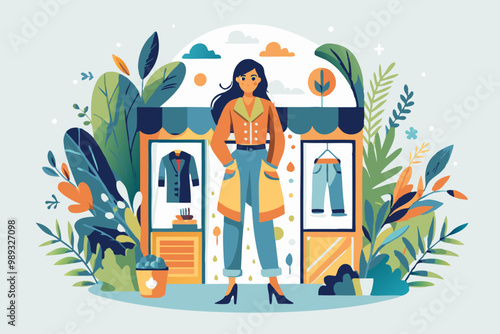 Fashionable Woman Standing Outside Boutique Shop Illustration photo