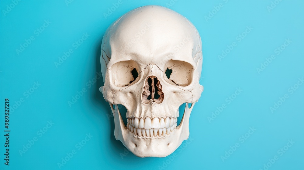 Fototapeta premium Realistic Human Skull on Vibrant Blue Background