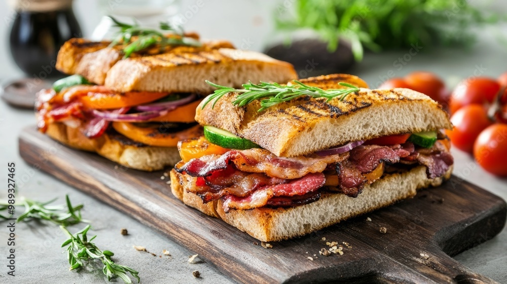 Sandwiches with bacon and vegetables on board Sandwiches with bacon and vegetables on board