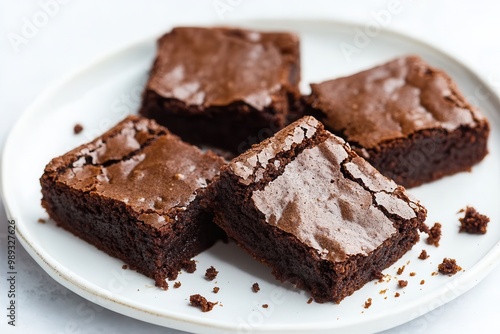 Delicious chocolate brownies displayed on a white plate, showcasing a tempting fudgy texture and a rich brown color.