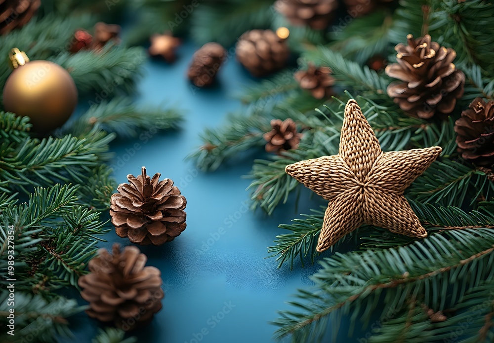 Christmas Flat Lay with Golden Star and Pine Branches