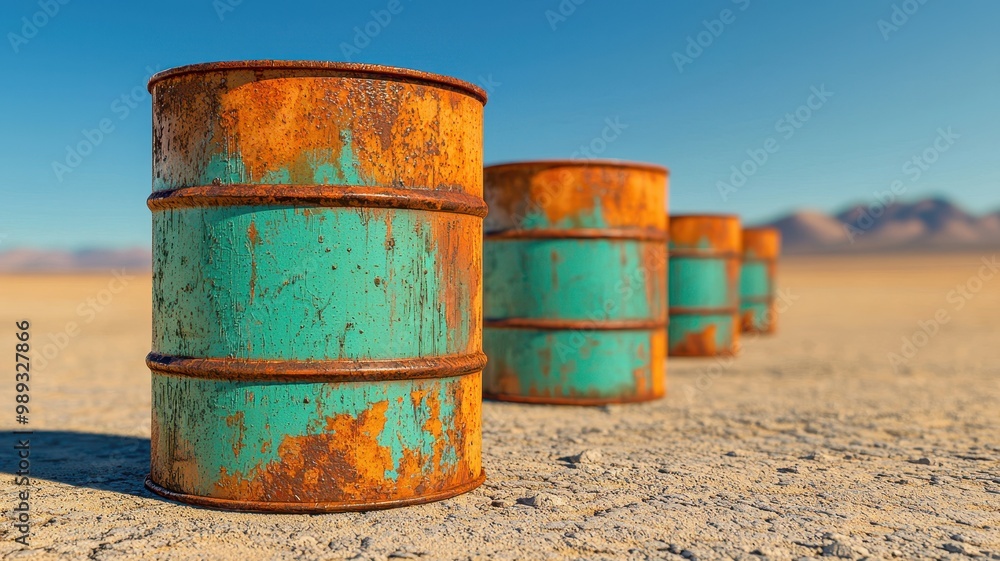 Rusty metal barrels lined up on a dry desert landscape against a clear blue sky. Rusty metal barrels lined up on a dry desert landscape against a clear blue sky.
