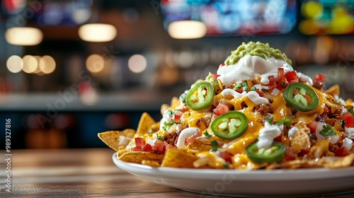 A plate of nachos with melted cheese, sour cream, guacamole, jalapenos, tomatoes, and onions, on a wooden table with a blurry background.