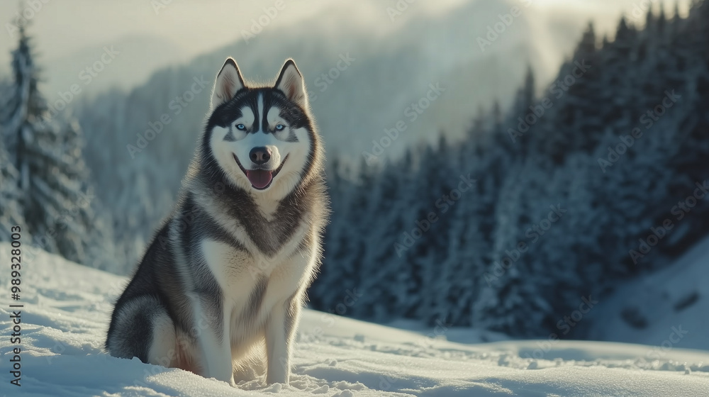 Fototapeta premium Siberian Husky on snow-covered mountain slope with a backdrop of pine trees and distant peaks. Bright snowy landscape highlights the dogs blue eyes and fur coat. Image made using Generative AI.