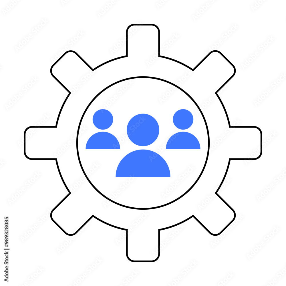 Gear with three human silhouettes inside, symbolizing teamwork and efficiency within a technological framework. Ideal for business processes, teamwork dynamics, management, technology integration, and Gear with three human silhouettes inside, symbolizing teamwork and efficiency within a technological framework. Ideal for business processes, teamwork dynamics, management, technology integration, and
