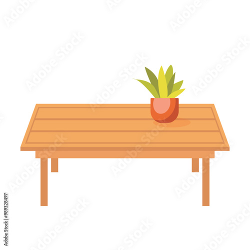 Wooden table with plant in pot in flat design. Small coffee tabletop with planks. Vector illustration isolated.
