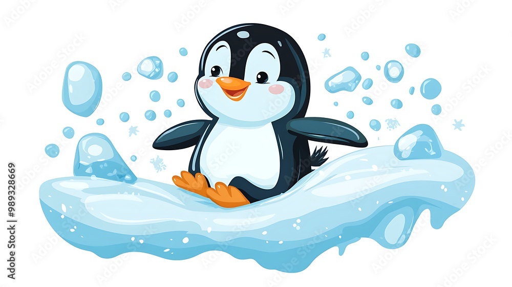 Obraz premium Playful Penguin Adventure - Fun Vector Clip Art for Kids with Cute Sliding Animal on Ice Slope, Flat Design Cutout Sticker