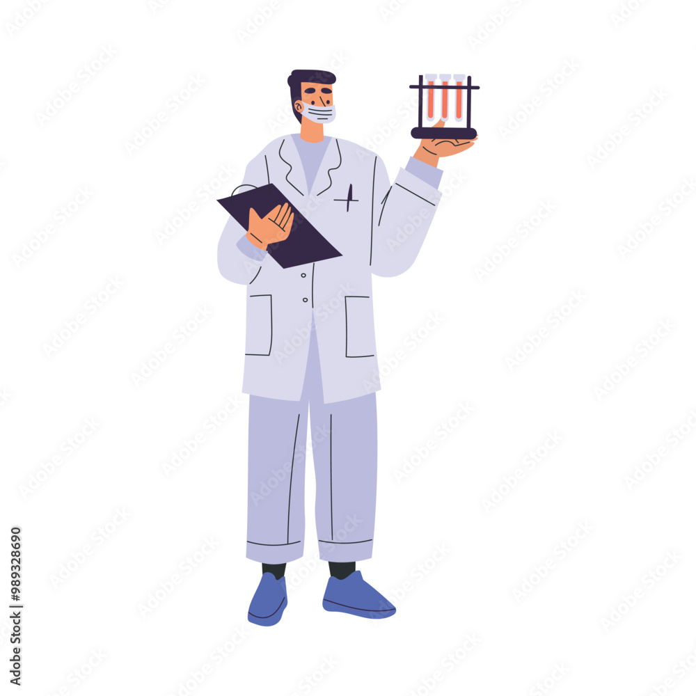 Male Doctor Character in Mask as Professional Hospital Worker Standing with Blood Tube and Clipboard Vector Illustration Male Doctor Character in Mask as Professional Hospital Worker Standing with Blood Tube and Clipboard Vector Illustration