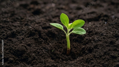 A bright green sprout breaks through rich, dark soil, representing growth, renewal, and the serene beauty of nature.