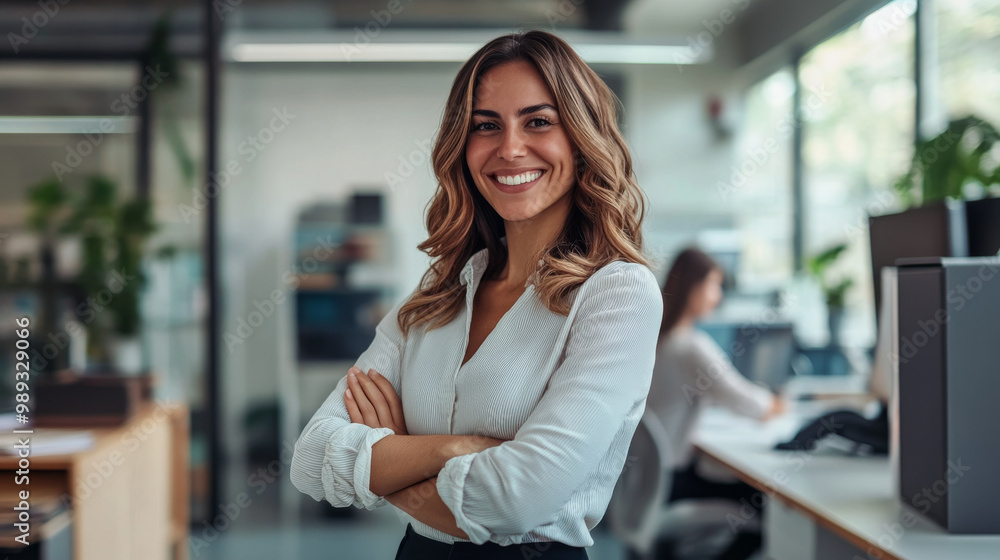 Cheerful business owner confidently overseeing a busy office, managing projects and motivating employees with positivity Cheerful business owner confidently overseeing a busy office, managing projects and motivating employees with positivity