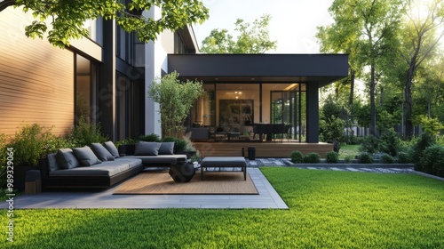 Modern furniture graces the terrace of a chic suburban home surrounded by a lush yard.