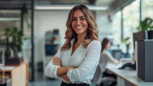 Cheerful business owner confidently overseeing a busy office, managing projects and motivating employees with positivity