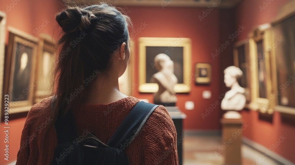 Visitor observes museum exhibit. Visitor observes museum exhibit.