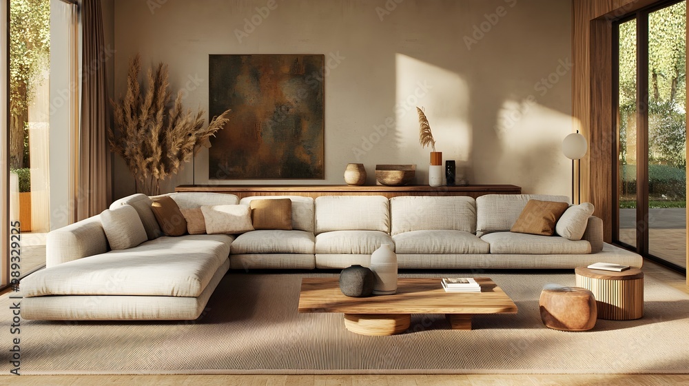 Cozy and Refined Contemporary Living Space Showcasing a Large Sectional Sofa Earthy Tones Complemented by Warm Wood Accents Mid Century Modern Decor with Clean Lines Abundant Natural Light Cozy and Refined Contemporary Living Space Showcasing a Large Sectional Sofa Earthy Tones Complemented by Warm Wood Accents Mid Century Modern Decor with Clean Lines Abundant Natural Light