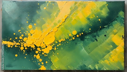 Vibrant abstract exploration of green and yellow hues in dynamic paint stains photo