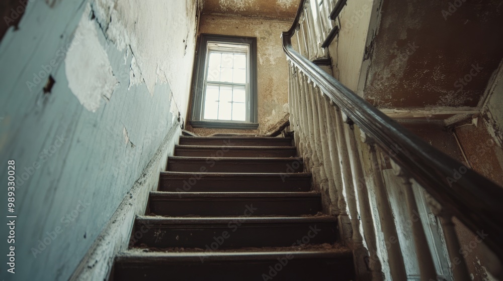 Ancient stairs, deserted home. Lit by nature. Ancient stairs, deserted home. Lit by nature.