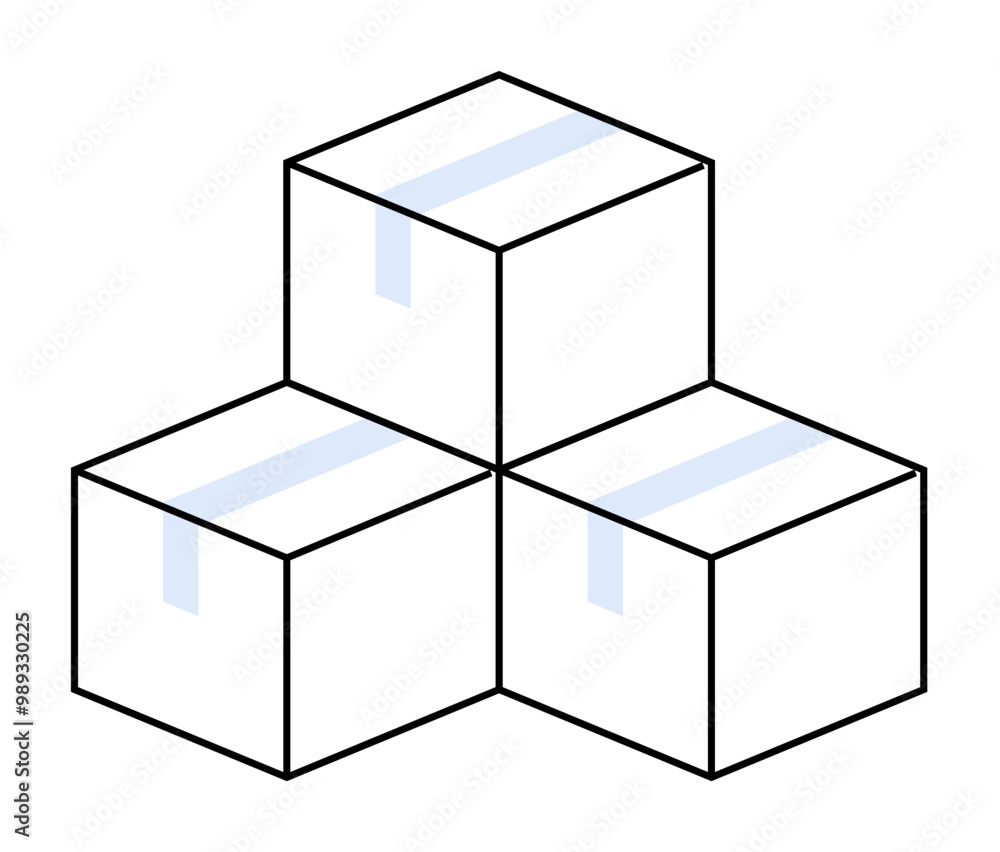 A stack of three white boxes, each sealed with blue tape. Ideal for themes like geometry, packaging, shipping, storage, and logistics. Simple, clean lines style vector. A stack of three white boxes, each sealed with blue tape. Ideal for themes like geometry, packaging, shipping, storage, and logistics. Simple, clean lines style vector.