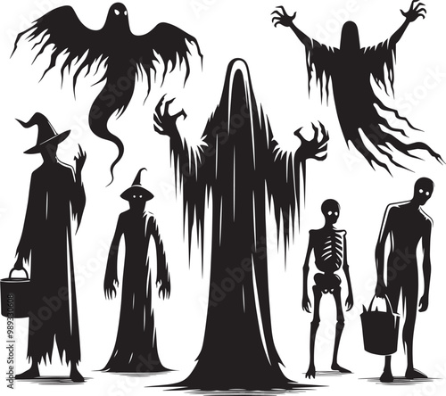 Halloween scary ghosts silhouette collection vector illustration isolated on a white background