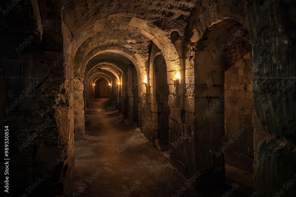 Fototapeta premium A dark, narrow tunnel with a stone wall on either side
