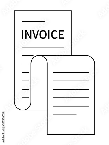 A black and white drawing of an invoice document with a detailed list of items. Ideal for finance, business, accounting, billing processes, and organizational materials. Minimalistic line art style