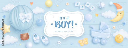 Baby shower banner, invitation, greeting card design template. Baby birth vector wallpaper with 3d hot air balloon. It's a boy. Welcome baby billboard. Arrival background