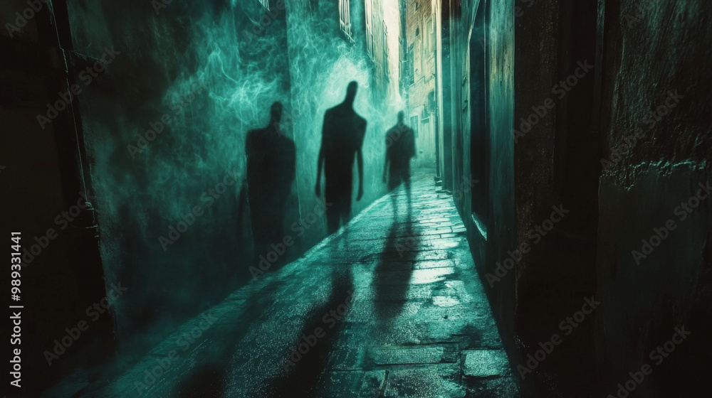 Mysterious ghostly shadows stretching across a dark alleyway, their forms shifting and blending into the night Mysterious ghostly shadows stretching across a dark alleyway, their forms shifting and blending into the night