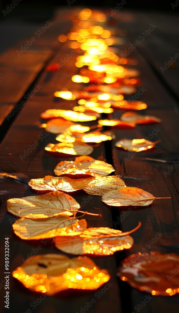Golden leaves lay scattered on a wooden surface, bathed in warm light, creating a beautiful autumnal scene. Golden leaves lay scattered on a wooden surface, bathed in warm light, creating a beautiful autumnal scene.