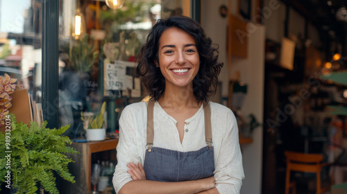 Small business entrepreneur standing in front of their shop, confidently greeting customers with a welcoming smile