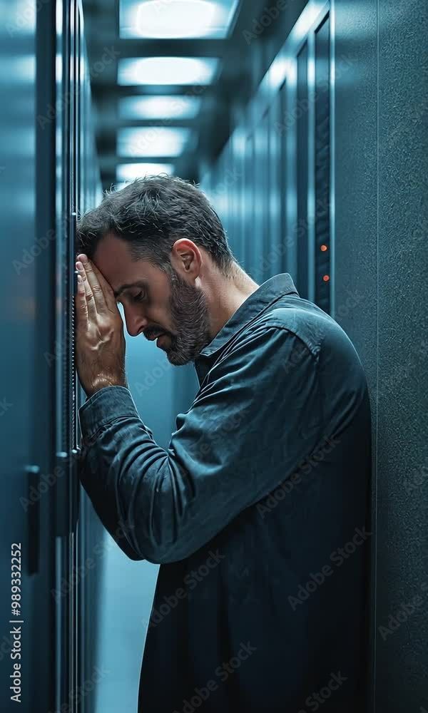 View of an unidentified guy technician at a data center handling a server rack issue while gripping his head View of an unidentified guy technician at a data center handling a server rack issue while gripping his head