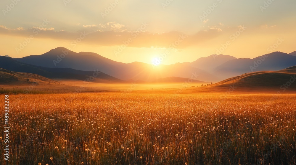 Golden sunset over a grassy meadow in a mountainous landscape. Golden sunset over a grassy meadow in a mountainous landscape.