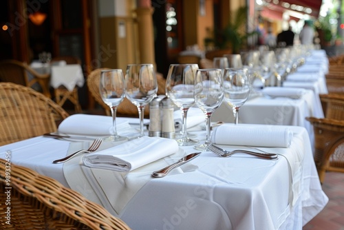 A table is set for a romantic dinner outside on a patio.