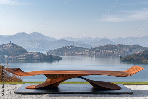 A modern, abstract sculpture with flowing lines sits atop a platform with a view of a calm lake and mountains in the distance.