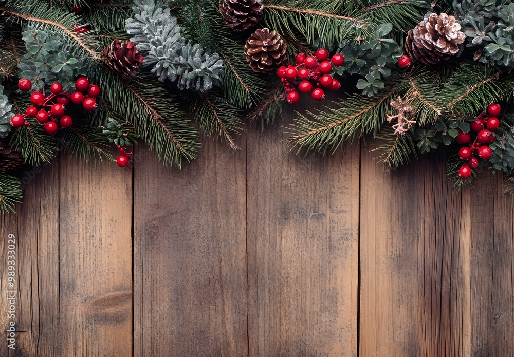 Rustic Christmas Background with Pine Garland Rustic Christmas Background with Pine Garland