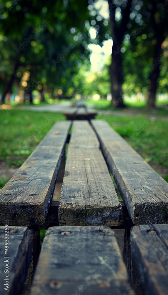 A wooden park bench with a blurred background of trees and green grass. A wooden park bench with a blurred background of trees and green grass.
