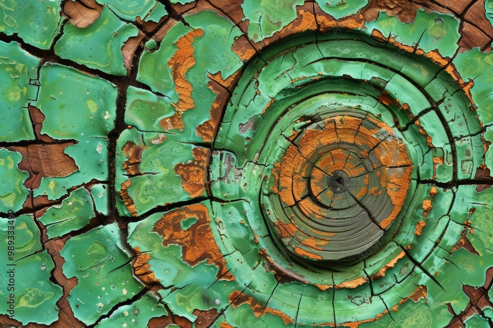 Close-up of weathered wood with peeling green and orange paint, revealing the wood's natural grain.