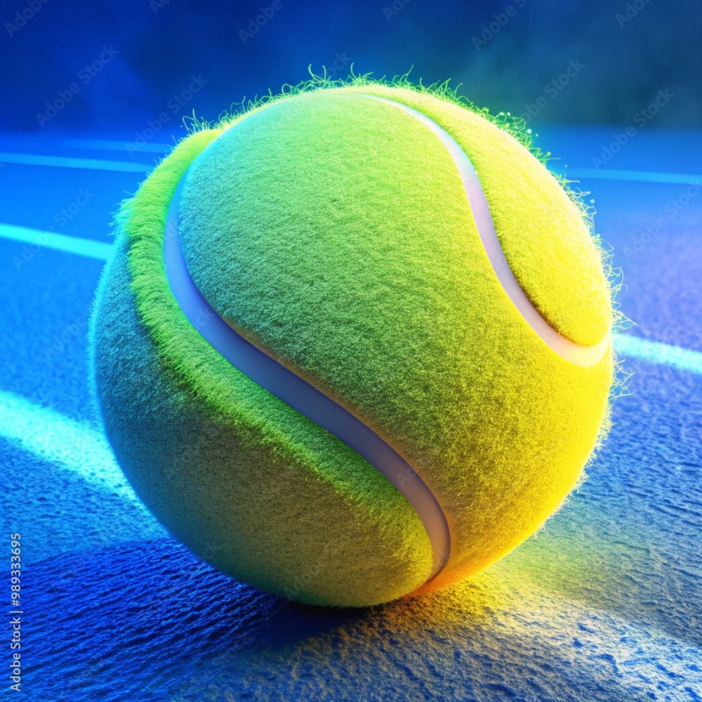 Close-up of a vibrant neon yellow tennis ball on a bright blue court. The ball’s fuzzy texture and logo are prominent against the clean, colorful surface, emphasizing its sporty appeal