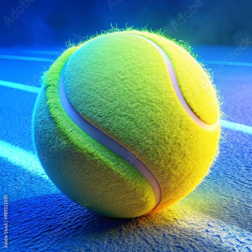 Obraz na płótnie Close-up of a vibrant neon yellow tennis ball on a bright blue court. The ball’s fuzzy texture and logo are prominent against the clean, colorful surface, emphasizing its sporty appeal w salonie