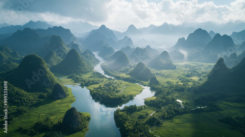 The dramatic karst landscapes of Cao Bang, with jagged limestone peaks rising from green valleys and rivers flowing through the scenery