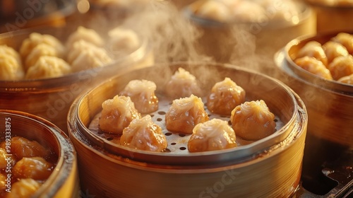 Freshly steamed dim sum in bamboo baskets, showcasing traditional asian cuisine. perfect for chinese new year posters, food blogs, and culinary publications.