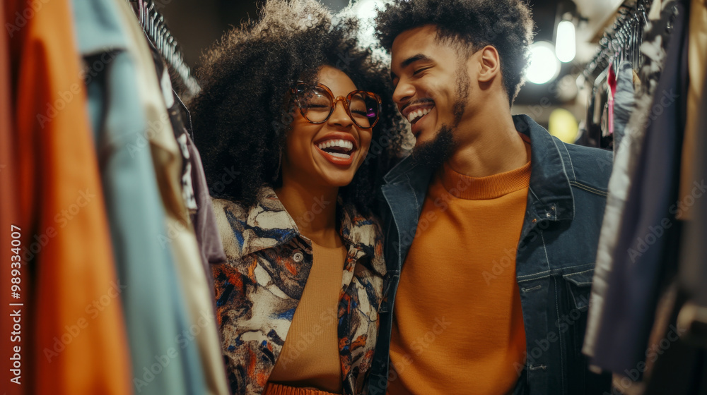 Young couple laughing together while shopping at a boutique, playfully picking out outfits and matching accessories Young couple laughing together while shopping at a boutique, playfully picking out outfits and matching accessories