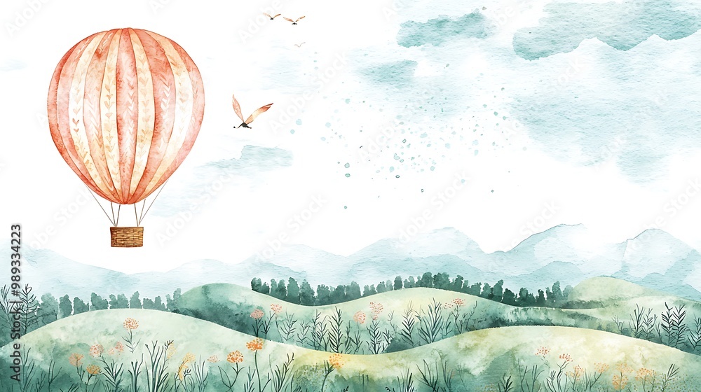 Obraz premium Whimsical Hot Air Balloon Adventure in Dreamy Landscape Watercolor Clipart Design on White Background