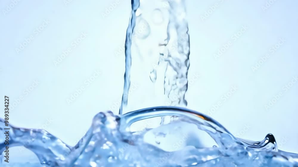 Close-up of water being poured, white background, blue and clear colors, macro photography Close-up of water being poured, white background, blue and clear colors, macro photography