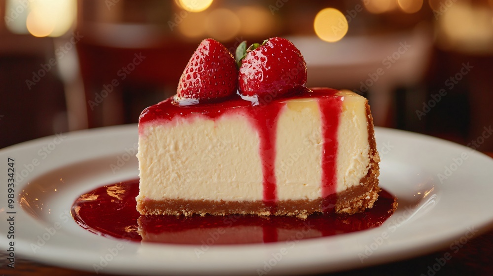 A slice of cheesecake topped with two strawberries and strawberry sauce on a white plate. A slice of cheesecake topped with two strawberries and strawberry sauce on a white plate.