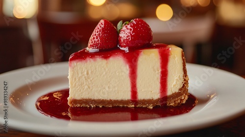 A slice of cheesecake topped with two strawberries and strawberry sauce on a white plate.