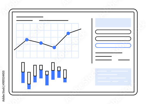A digital dashboard with line and bar charts, data points, and interface elements. Ideal for data analysis, presentations, business reports, finance, and research. Minimalist flat vector style.