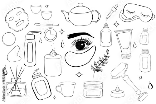 Set of skin care products. Bundle of cosmetics and makeup items in bottles, tubes and jars. Beauty routine. Black skin care silhouette.
